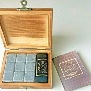 NWOT Lords Rocks Bourbon Whiskey Stone Set-9 Marble Rock-wooden chest-velvet bag